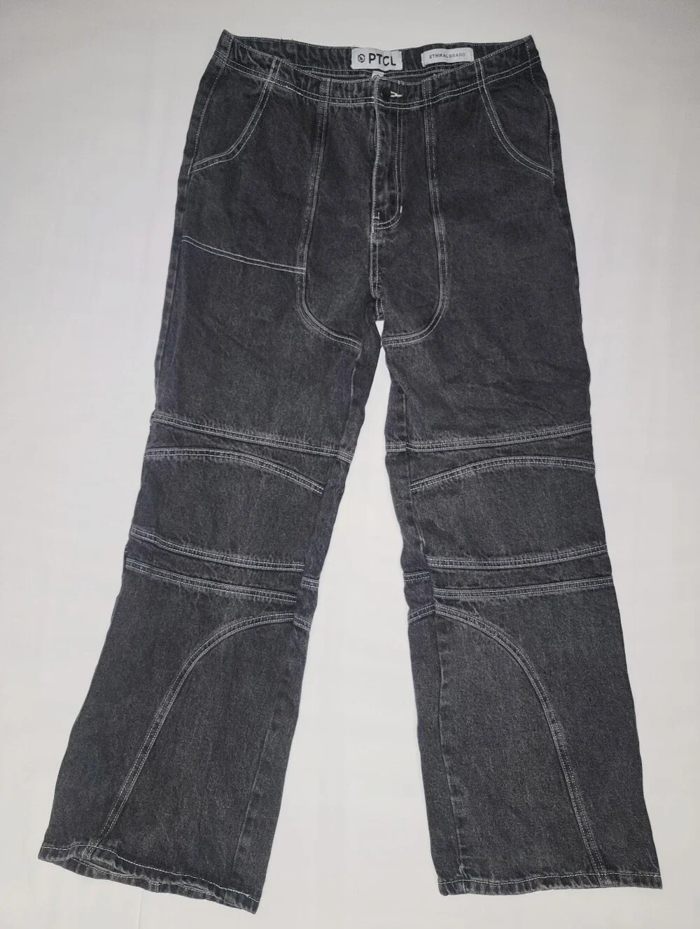 PTCL Moto Pop Stitch High Waist Straight Leg Baggy Jeans Black Rinse